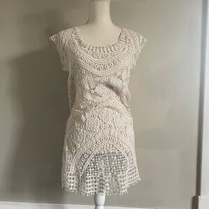 Crochet lace beach swimsuit cover up mini dress cap sleeve scoop neck